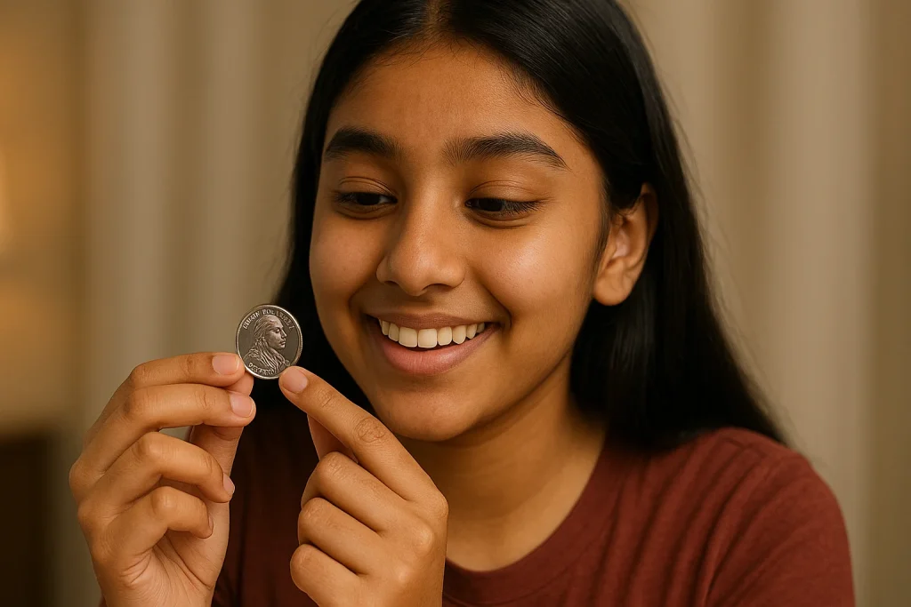 A smiling young Indian girl carefully holds a Wilma Mankiller quarter, admiring its design with genuine curiosity.
