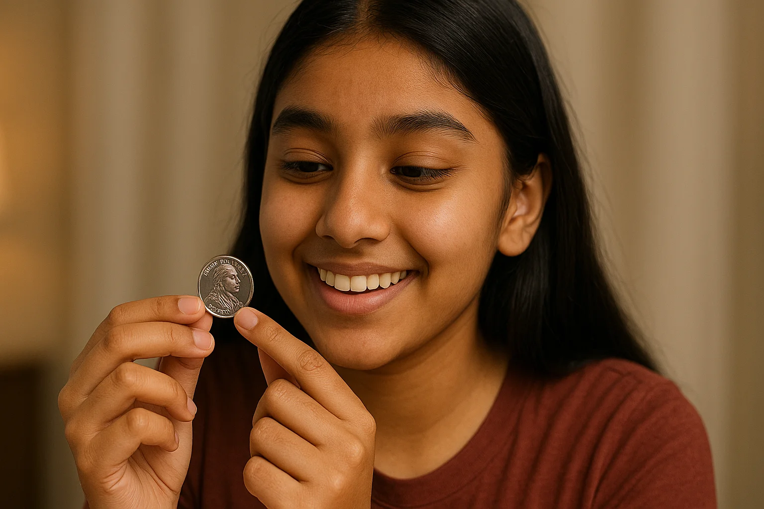 A smiling young Indian girl carefully holds a Wilma Mankiller quarter, admiring its design with genuine curiosity.