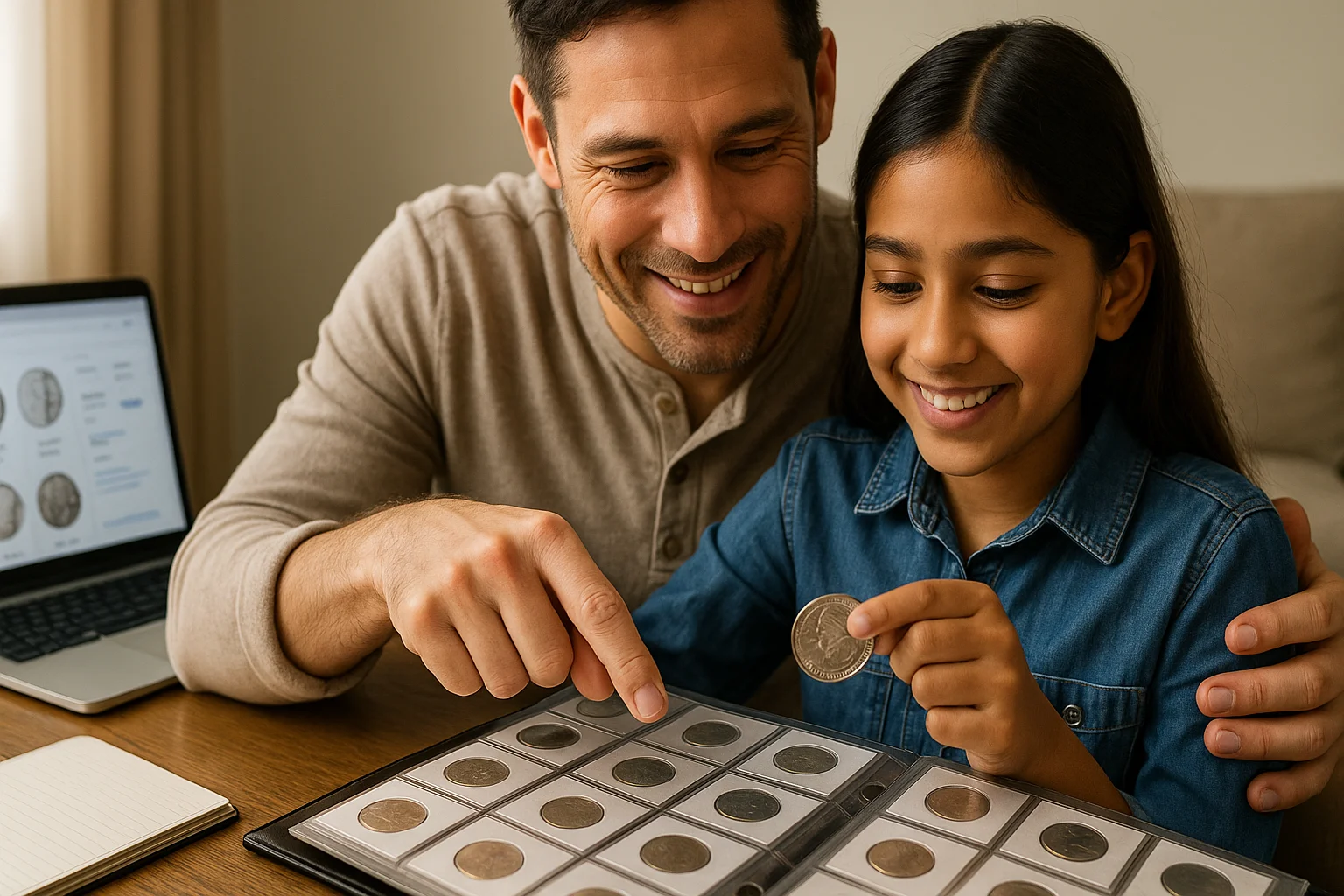A father and daughter joyfully explore their coin album together, pointing out the Wilma Mankiller quarter while referencing coin values on a nearby laptop.