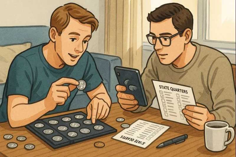 Two friends are curiously studying valuable quarters together.