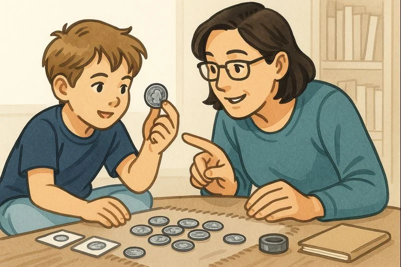 A mother and a child learn how to study coins together.