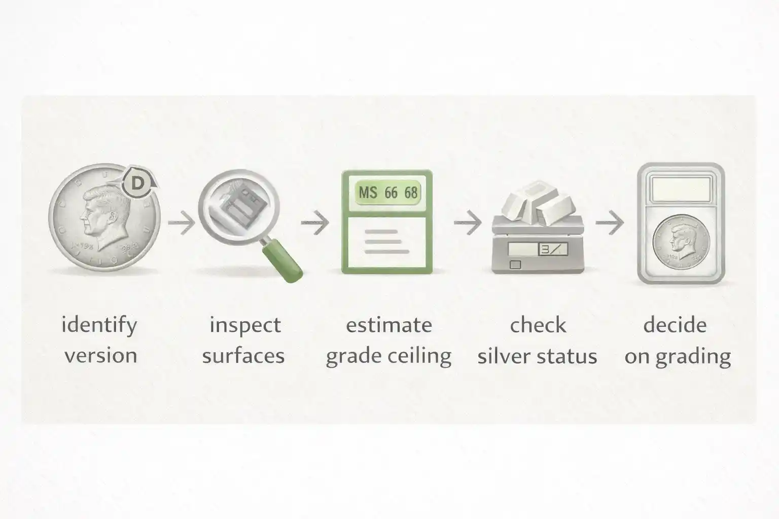 Infographic showing the grading path for a 1996 Kennedy half dollar.